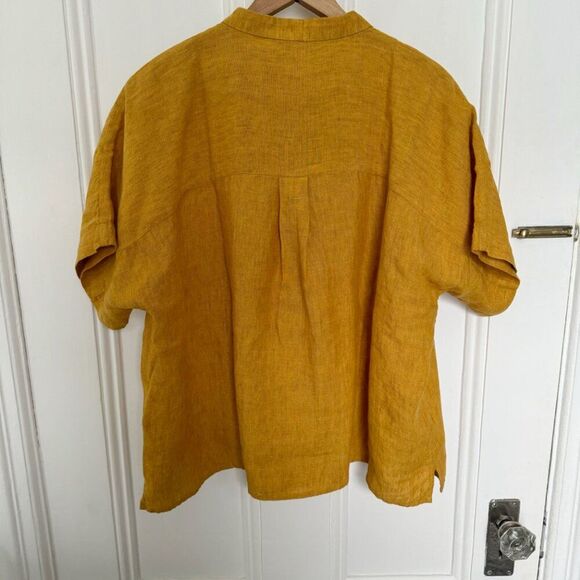 Eileen Fisher Large Linen Shirt NEW Marigold Mandarin Collar SS Button Down - Picture 2 of 7